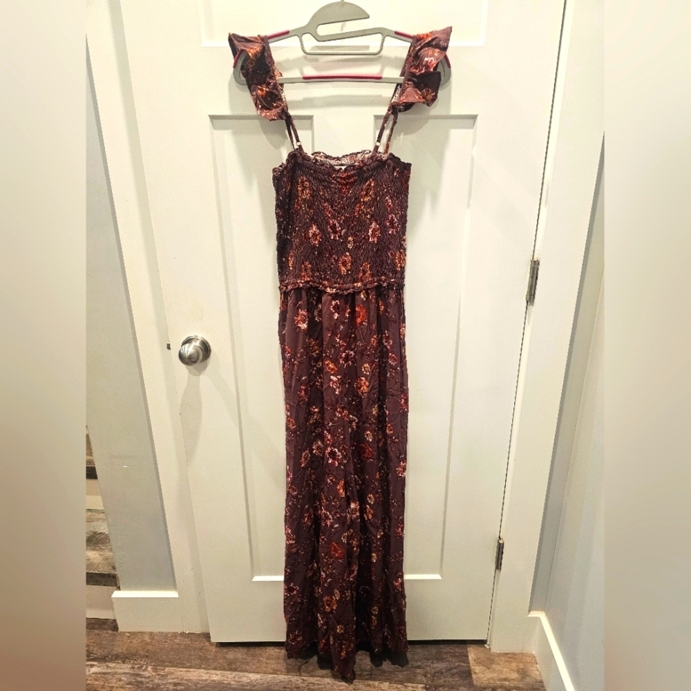 Smocked Bodice Floral Maxi Dress Pant Women’s Medium Brown Red Ruffle Strap Boho
